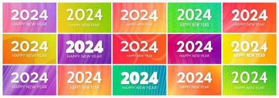 2024 Happy New Year backgrounds.  Big set of modern greeting banner templates with white 2024 New Year numbers on colorful abstract backgrounds with lines. Vector illustration