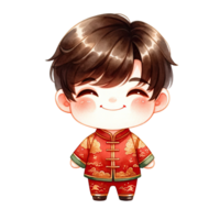 AI generated Watercolor Chinese boy wear red changshan suits for lunar new year png