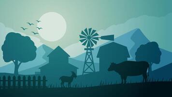 tierras de cultivo silueta paisaje vector ilustración. paisaje de ganado vaca y cabra en el campo granja. rural paisaje para ilustración, antecedentes o fondo de pantalla