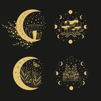 Celestial mystical moon collections. Magic and esotericl mushrooms. Vector illustrations.