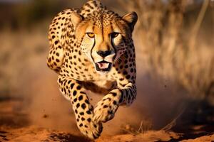 AI generated Cheetah running in the sand in the Kruger National Park, South Africa, A cheetah in mid-sprint chasing its prey in the African savannah, AI Generated photo