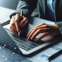 AI generated Closeup business woman hands typing on laptop computer keyboard to searching information and online working technology concept. Square image zide photo