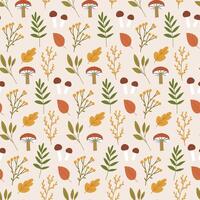 Autumn botany, hand drawn seamless pattern in cute flat style. Beige background with fall seasonal plants, flowers, leaves and mushrooms. Nature concept. vector