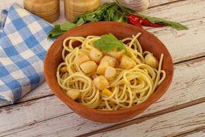 Delicous Pasta with scallop seafood photo