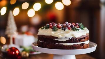 AI generated Christmas cake, holiday recipe and home baking, pudding with creamy icing for cosy winter holidays tea in the English country cottage, homemade food and cooking photo