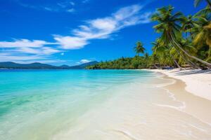 AI generated Close-up view of beach with white sand on the island, lush palm trees,tropical paradis. photo