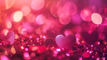 AI generated Trendy viva magenta color of the year 2024, pink red hearts, sparkling glitter bokeh panoramic background banner, valentines day abstract defocused texture header photo