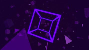 purple geometrical neon spinning 3d cube with digital particle background, 3d graphic wallpaper animation video