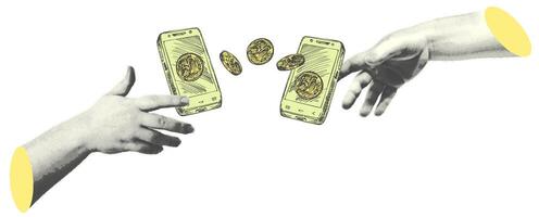 Collage with halftone-style hand statue. Minimalist online payments metaphor concept finance-themed. Idea for banner composition with money, coins and smartphone. Cutouts magazine. Vector illustration