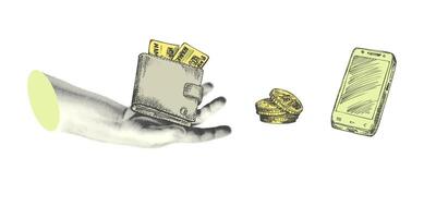 Collage with halftone-style hand statue. Minimalist online payments metaphor concept finance-themed. Idea for banner composition with wallet, coins and smartphone Cutouts magazine. Vector illustration