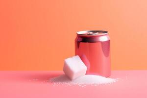 AI generated Sugar content in soda, sugar on the background of a can of soda, concept about the dangers of sugar photo