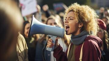 ai generado hembra activista gritar dentro un megáfono rodeado por un multitud de personas manifestantes durante un popular reunión. público opinión y desaprobación, demostración, protesta. foto