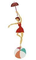 Vintage circus Gymnast girl. Actors performance. Acrobat or equilibrist, illustration.Simple flat style, isolated on white background. Circus performer. vector