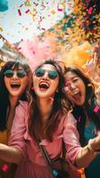 ai generado celebrando felicidad, joven Asia mujer afro pelo bailando con grande sonrisa lanzamiento vistoso papel picado en festival fiesta foto