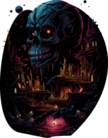 AI generated T-shirt design. cityscape of decaying evil creatures. Lurking in the shadows. A terrible picture. Anxiety, premonition. T-shirt design graphic, transparent background png