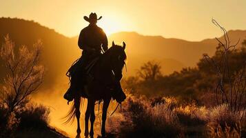 ai generado silueta de un vaquero en lado de caballo en el Desierto a atardecer, ai generativo foto
