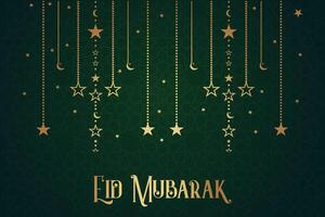 eid mubarak greeting card with golden crescent and pattern background vector