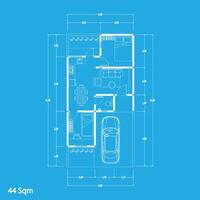 Floor plan blueprint type 44 sqm, Figure of the jotting sketch of the construction and the industrial skeleton of the structure and dimensions. vector eps 10