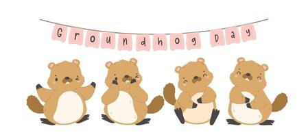 Happy groundhog day with group of cheerful cartoon groundhogs banner. vector