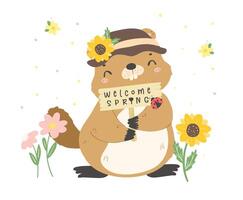 happy groundhog day with cheerful cartoon groundhog holding spring sign. vector