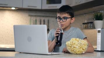 restare a casa, tempo libero a casa, tecnologie per figli, se stesso isolamento. attraente ragazzo nel bicchieri sembra a cartoni animati mentre seduta a casa utilizzando un' il computer portatile e mangiare Popcorn con bibita. video