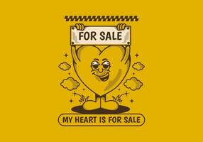 mi corazón es para venta. mascota personaje de un corazón participación un tablero con para rebaja texto vector