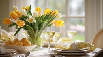 AI generated Tulips and Egg-filled Nest Adorn Elegant Dining Setting photo