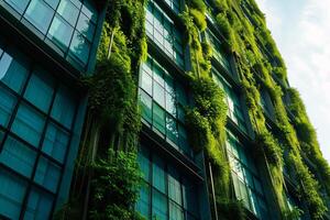 AI generated Eco-friendly building in the modern city. Sustainable glass office building with tree for reducing carbon dioxide. Office building with green environment. Corporate building reduce CO2. photo