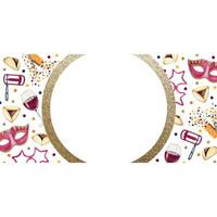 Watercolor horizontal banner template for Purim with round gold frame, confetti, masks, wine glass, raashan, crackers vector