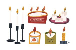 Set of hand drawn autumn candles in cartoon flat style, isolated on white background. Cute scented candles in jars and candle holders. Pumpkin pie and autumn forest fragrances. vector