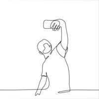 The figure of a man who takes a selfie on a smartphone or broadcasts online. One continuous line drawing of a man taking a photo of himself and background. Can be used for animation. vector