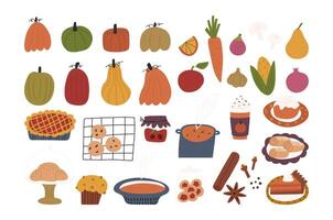 Set of various autumn foods in hand drawn flat style, isolated on white background. Thanksgiving holiday and fall harvest. Cute pumpkins, apple pie, pumpkin soup, cookies and pumpkin spice latte. vector