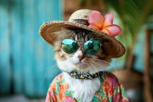 AI generated A cute cat wearing a hat with sunglasses and a Hawaii dress happily poses photo