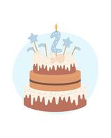 Birthday cake for a child decorated with a candle in the shape of the number two. Vector illustration on a white background.