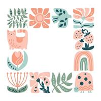 Vector spring ethnic logo composition pattern frame tile mosaic of bird, flower, leaf, strawberry and branch. Cute boho illustration in hand drawn constructor in square for scandinavian greeting card