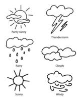 Set of icons for the weather forecast in the doodle style. Simple hand-drawn weather icons. Black and white doodles of sunny, rainy, foggy, cloudy, windy weather and thunderstorms vector