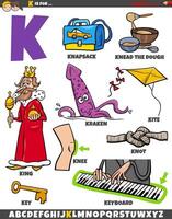 Letter K set with cartoon objects and characters vector