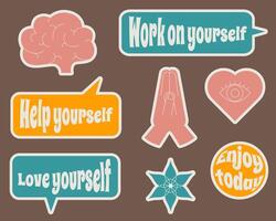 A set of colored stickers with motivational quotes in retro style. Vector. vector