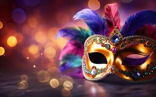 AI generated Mardi Gras poster. Banner template, photorealistic Venetian carnival mask and feathers, on blurred background. Bright costume party flyer for masquerades. Bokeh, de focus. AI Generative photo