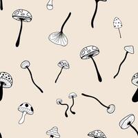 Seamless pattern with mushrooms in autumn colors. Seamless cute doodle and cartoon style pattern. Simple doodle-style elements on beige background for wrapping paper, wallpaper vector