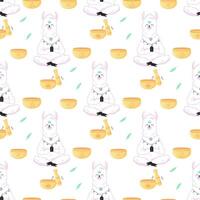 Seamless pattern of meditating llama with mat, aromateriapia. For your fabric or design vector