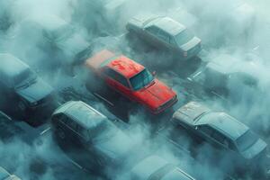 AI generated a red car among grey cars .marketing concept. AI generative photo