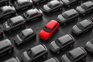 AI generated a red car among grey cars .marketing concept. AI generative photo