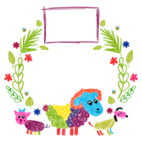 Frame of hand-drawn children's animals with flowers and grass. Sheep, pig, dog. Kid's drawings using pencil technique. Isolated images. For birthday design, party card, text png