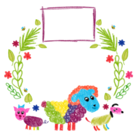 telaio di disegnato a mano figli di animali con fiori e erba. pecora, maiale, cane. capretto disegni utilizzando matita tecnica. isolato immagini. per compleanno disegno, festa carta, testo png