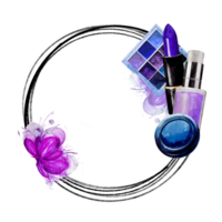 Violet frame of Makeup elements. Watercolor. Isolated. Cosmetics for banner, text. png