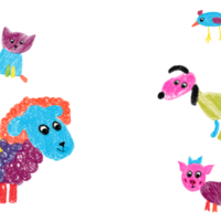 Hand-drawn children's pet animals. Sheep, dog, cat, rooster, pig. Kid's drawings using pencil technique. Isolated images. For birthday design, party card, banner, poster png