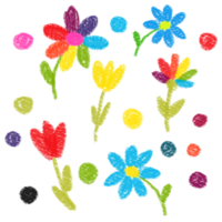 Hand-drawn children's flowers and dots. Rainbow and blue daisy. Red and yellow tulip. Kid's drawings using pencil technique. Isolated. For textile and scrapbooking. png