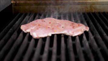 delizioso e gustoso crudo pollo carne su il griglia nel ristorante cucina video