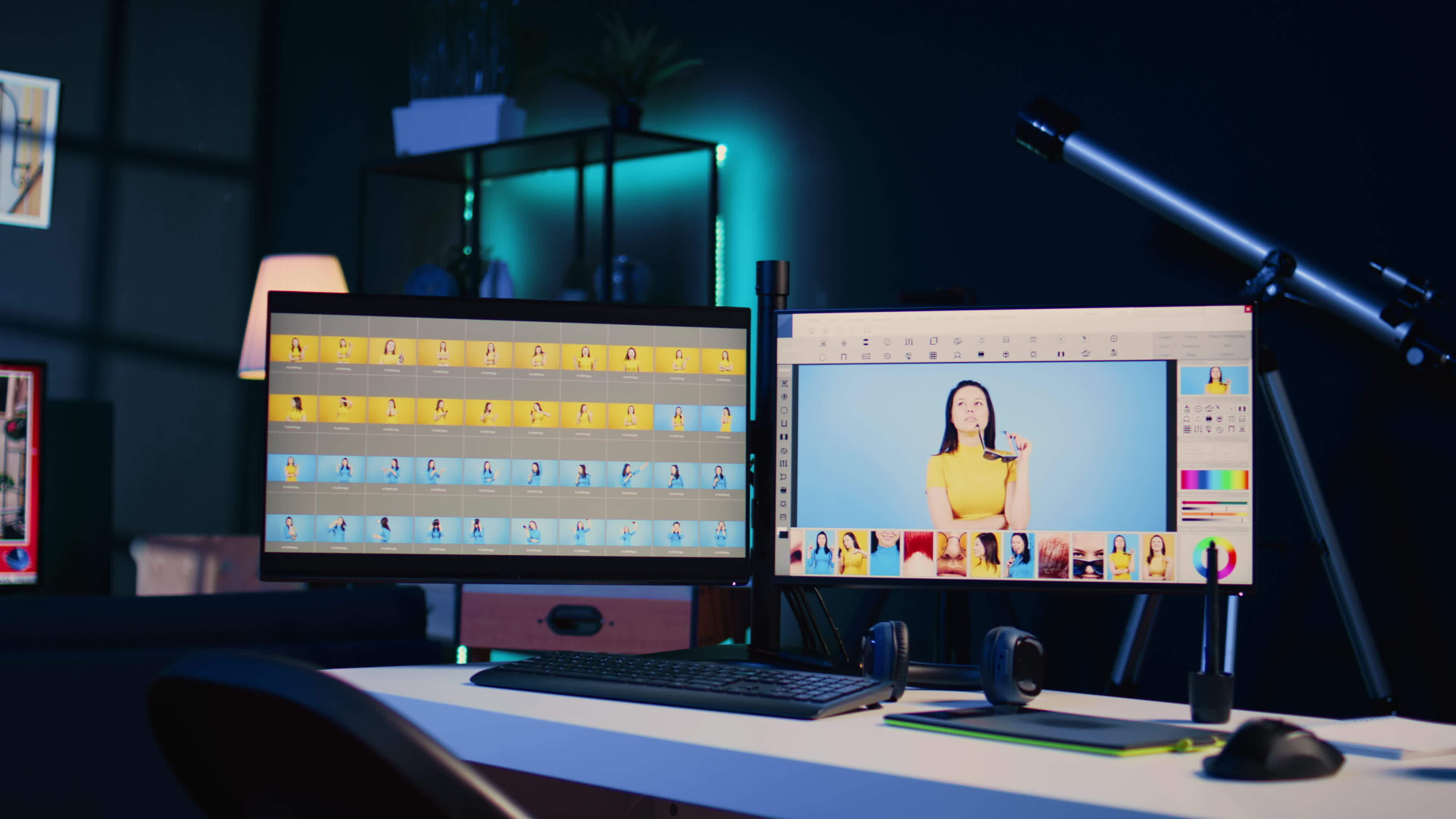 Photo processing software interface on computer screens in creative ...